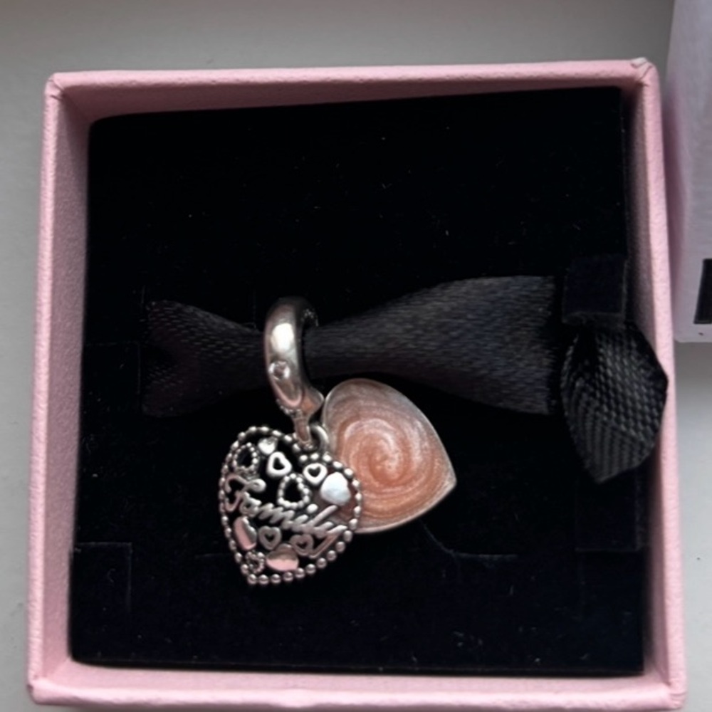 Pandora Sterling Silver and Peachy Pink Heart  “Family” Charm Bracelet